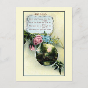 Vintage glad days poem, birthday postcard