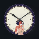 Vintage Glam 1920s Singer Girl Navy Blue Round Clock<br><div class="desc">Vintage twenties style with this illustration of a 1920s glamorous lady singer,  with a cream backdrop and a navy blue around the edge,  with numbers and minutes. Also available as square.</div>