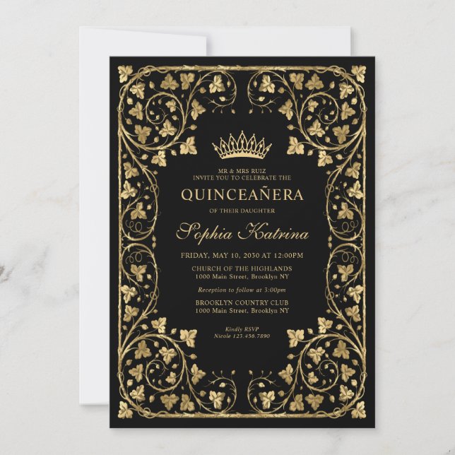 Vintage Glam Black Gold Frame Tiara Quinceanera Invitation (Front)