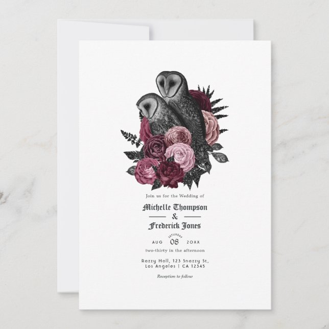Vintage Glam Burgundy Owls Gothic Wedding Invitation (Front)