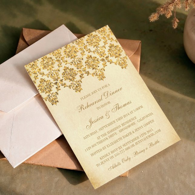 Vintage Glam Gold Damask Rehearsal Dinner Invitation (Creator Uploaded)