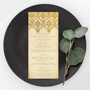 Vintage Glam Gold Damask Wedding Memu Rack Card