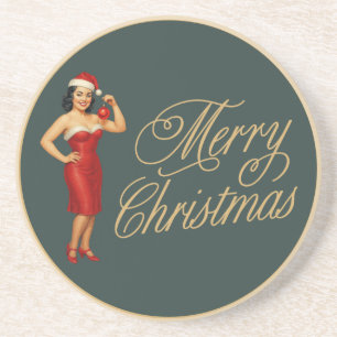 Vintage glam pin-up Christmas gal Coaster