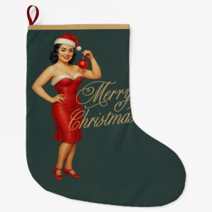 Vintage glam pin-up Christmas gal Large Christmas Stocking