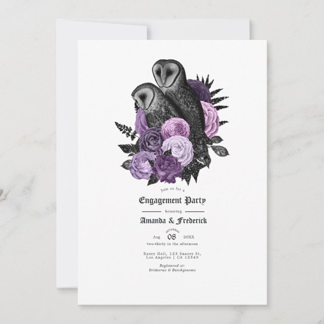 Vintage Glam Purple Owls Gothic Engagement Party Invitation (Front)