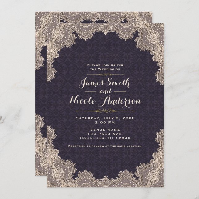 Vintage Glam Romantic Lace Purple Elegant Wedding Invitation (Front/Back)