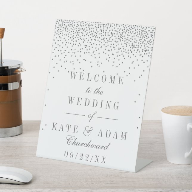 Vintage Glam Silver Confetti Wedding Pedestal Sign (In SItu)