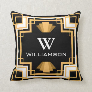 Vintage Glamour 1920s Gold & Black Geometric Cushion