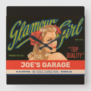 Vintage Glamour Girl Custom Garage Square Wall Clock