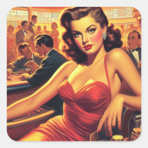 Vintage Glamour Girl Red Dress Square Sticker