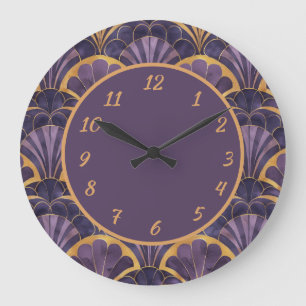 Vintage Glamour Purple & Gold Art Deco Fan Pattern Large Clock