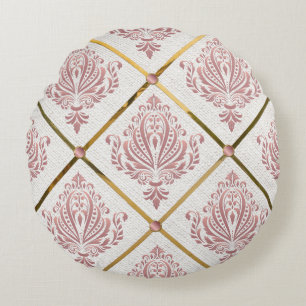 Vintage Glamour Rose Mauve Damask on White Linen Round Cushion