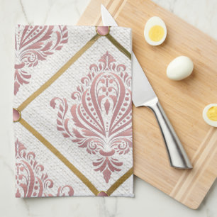 Vintage Glamour Rose Mauve Damask on White Linen Tea Towel