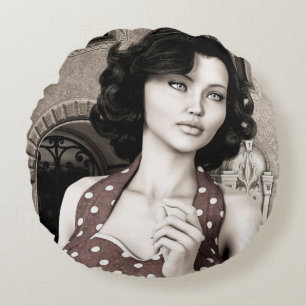 Vintage Glamour Woman Portrait Art Round Cushion