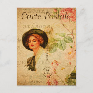 Vintage Glamourous Lady Woman Rose Floral French Postcard