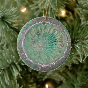 Vintage Glass Christmas Ball Teal Ice Indent Ceramic Ornament