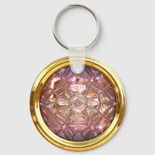 Vintage glass sewing button pink and gold key ring