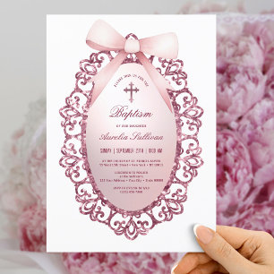 Vintage Glitter Frame Pink Bow Baptism Invitation