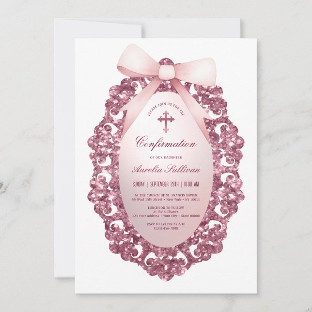 Vintage Glitter Frame Pink Bow Confirmation Invitation (Front)