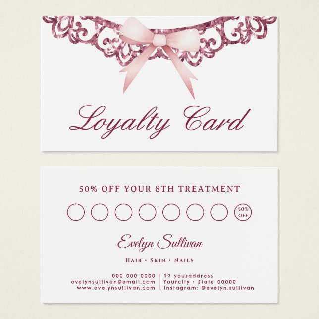 Vintage glitter frame pink bow loyalty card (Front & Back)