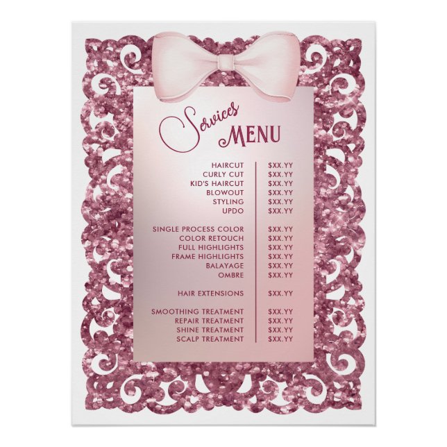 Vintage Glitter Frame Pink Bow Services Menu Poster (Front)