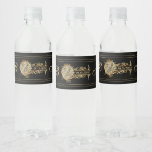 Vintage Globe Black Gold Monogrammed Wedding Water Bottle Label