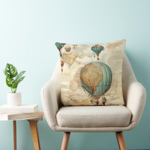 Vintage Globe Hot Air Balloon Antique Map Cushion
