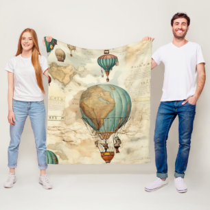 Vintage Globe Hot Air Balloon Antique Map Fleece Blanket