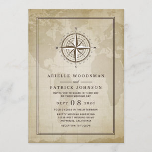 Vintage Globe Nautical Compass Wedding Invitations