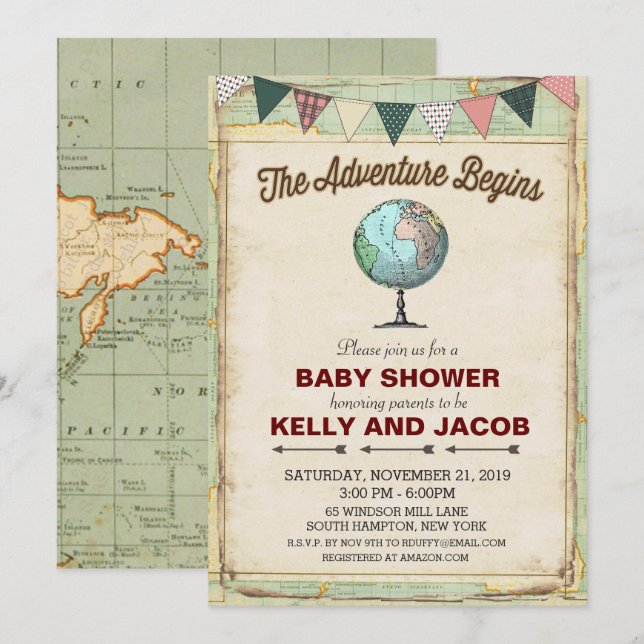 Vintage Globe Travel Baby Shower Invitation (Front/Back)