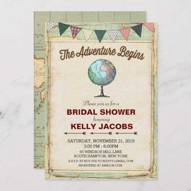 Vintage Globe Travel Bridal Shower Invitation (Front/Back)