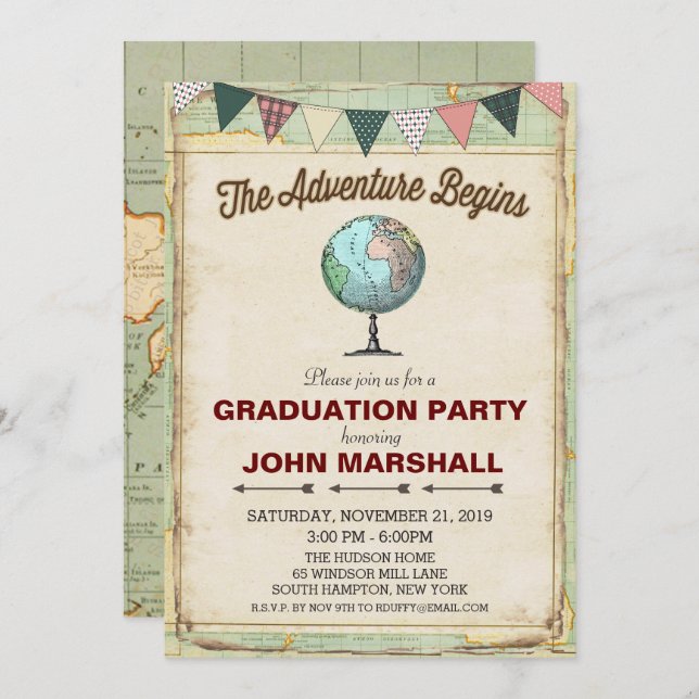 Vintage Globe Travel Graduation Party Invitation (Front/Back)