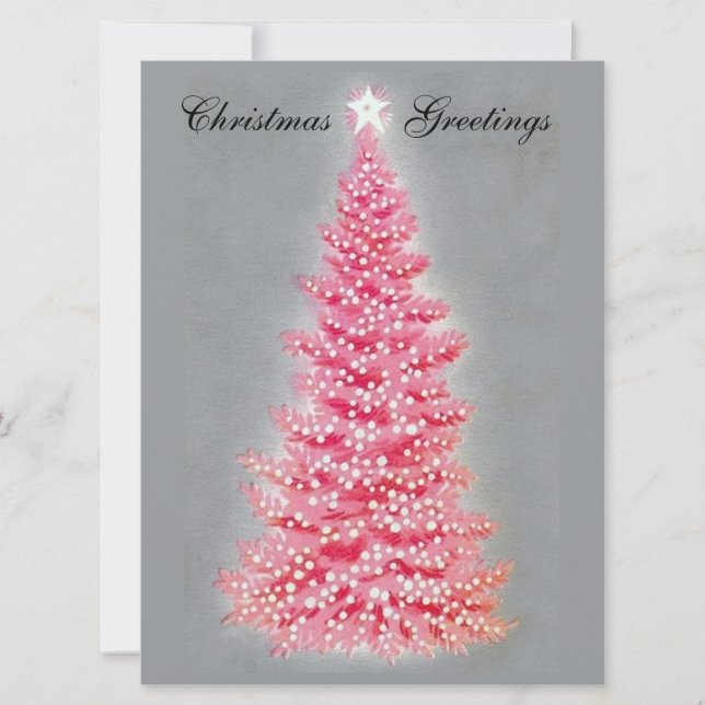 Vintage Glowing Pink Christmas Tree  Holiday Card (Front)