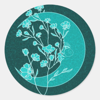 Vintage Glowing Teal Art Nouveau Moon & Flowers Classic Round Sticker