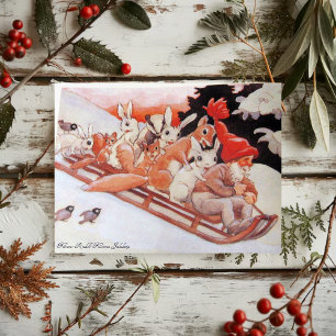 Vintage Gnome and Woodland Animals Sledding Holiday Card