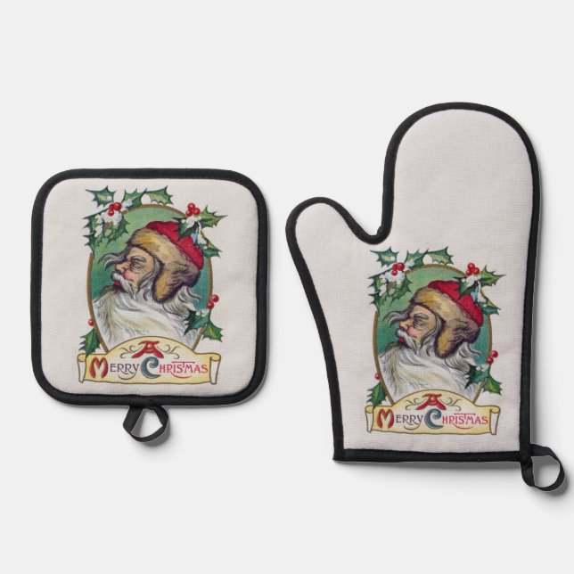 Vintage Gnome Christmas Oven Mitt & Pot Holder Set (Front)