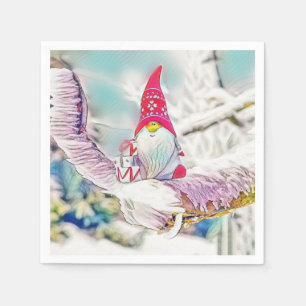 Vintage gnome with red hat in tree watercolor napkin