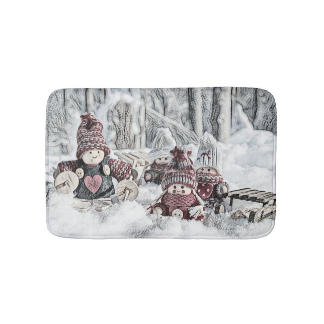 Vintage Gnomes in the snow drawing  Bath Mat (Front)