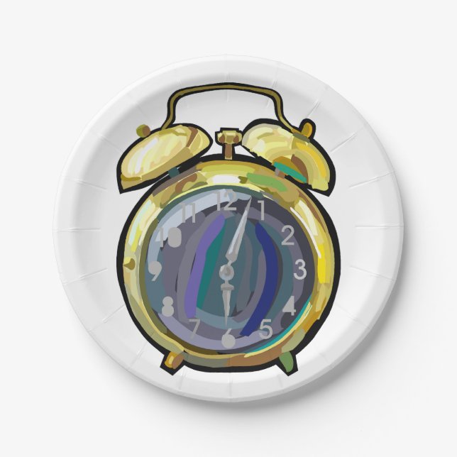 Vintage Gold Alarm Clock Retro Timepiece  Paper Plate (Front)