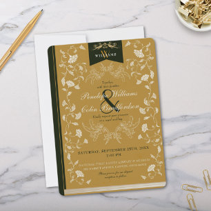 Vintage Gold and Black Floral Book Cover Wedding Invitation