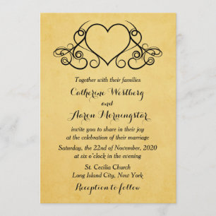 Vintage Gold And Black Hearts Wedding Invitation