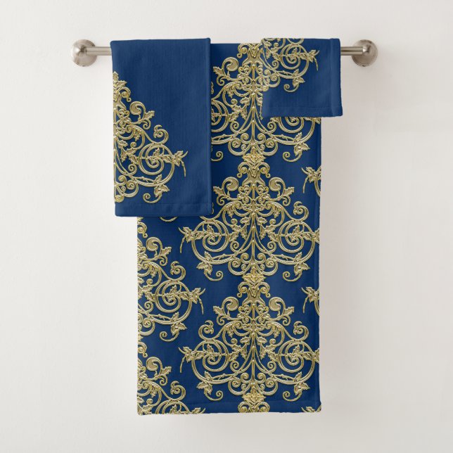 Vintage Gold and Blue Damask Bath Towel Set (Insitu)