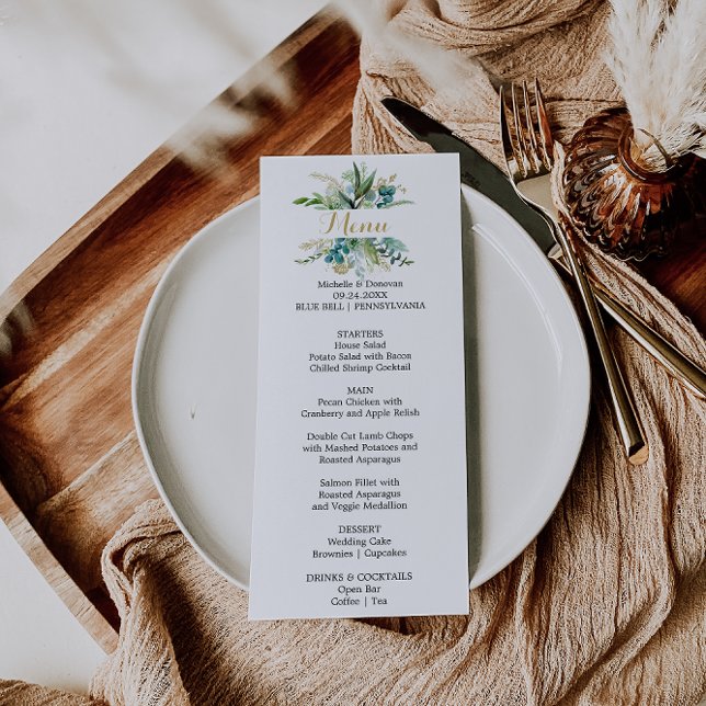 Vintage Gold and Green Eucalyptus Dinner Menu Card (Creator Uploaded)