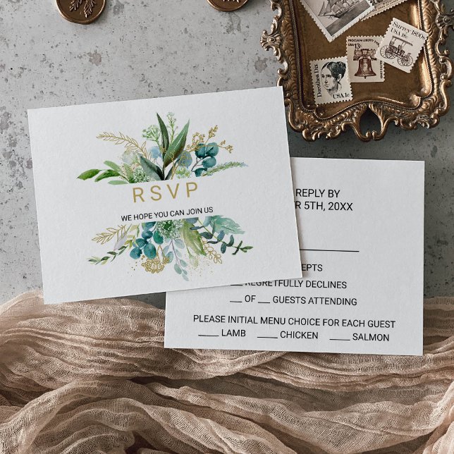 Vintage Gold and Green Eucalyptus Menu Choice Rsvp (Creator Uploaded)