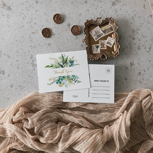 Vintage Gold and Green Eucalyptus Thank You Postcard (Creator Uploaded)