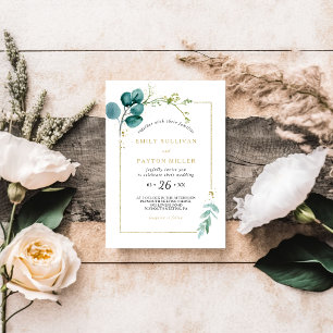 Vintage Gold and Green Eucalyptus Wedding Invitation