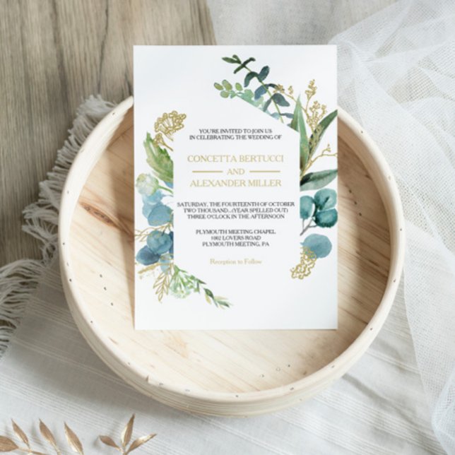 Vintage Gold and Green Eucalyptus wedding Invitation (Creator Uploaded)
