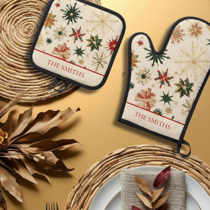 Vintage Gold and Red Snowflakes Personalised Oven Mitt & Pot Holder Set