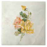 Vintage Gold and Salmon Roses on Marble BG Ceramic Tile<br><div class="desc">Elegant vintage hand-painted style golden yellow and salmon roses and green foliage on marble background.</div>