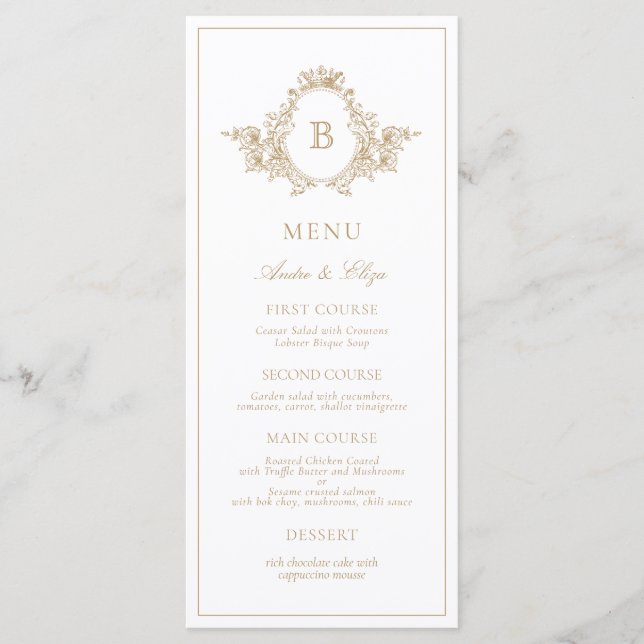 Vintage Gold and White Monogram Crest Wedding Menu (Front)